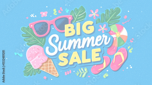 夏のトロピカルアイテムと「BIG SUMMER SALE」の手書き風イラストバナー
