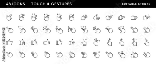 Touch and gestures icon set. Hand gesture, touch, finger interaction, swipe, slide, finger pointer, tap and more. Editable stroke. Pixel Perfect. Grid base 32 x 32.