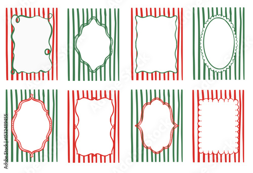 Set of vintage greeting card templates with wavy frames and borders in red and green color. Vector illustration of frames on striped background. Holiday clipart in retro coquette aesthetic.