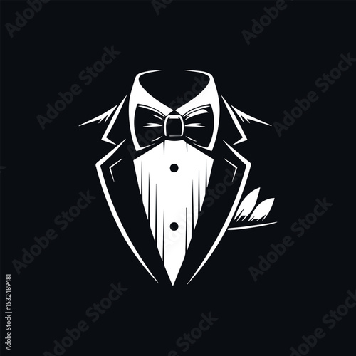 Bold monochrome formalwear emblem showcasing white tuxedo silhouette with distinctive bow tie on rich black field