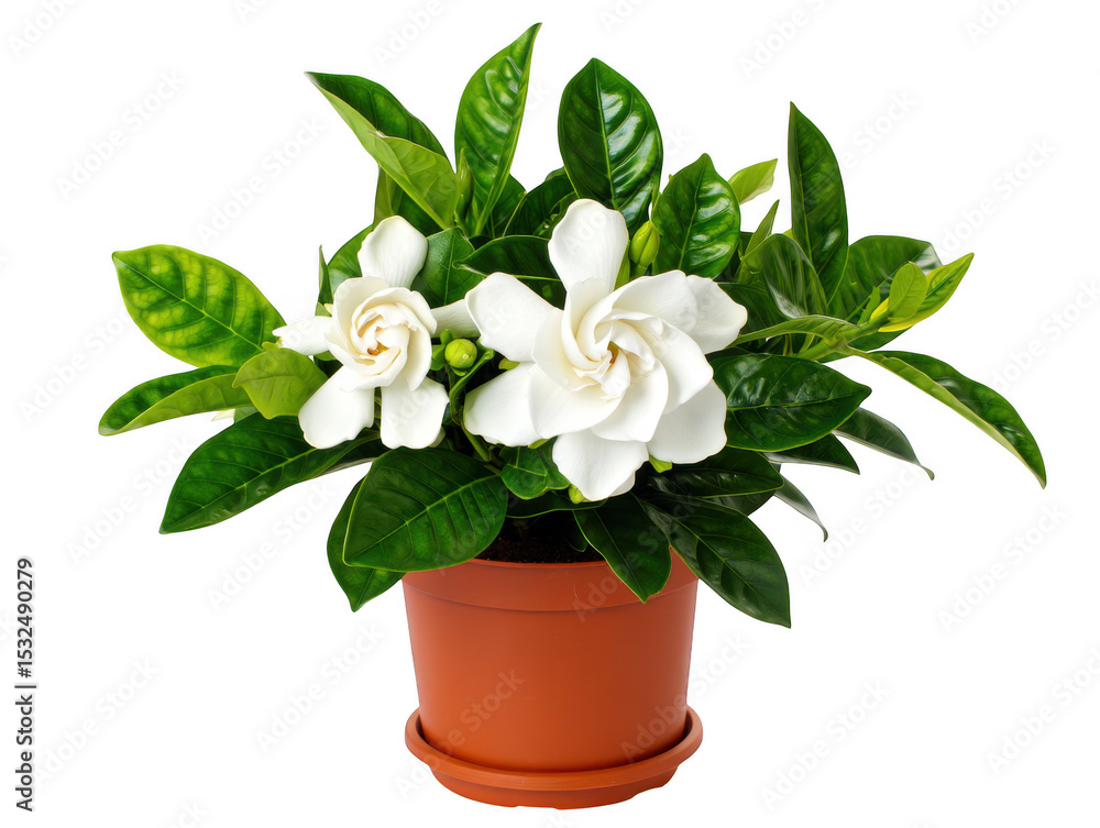 Obraz premium Potted Gardenia Close-up of Beautiful White Blossoms and Lush Green Leaves, a symbol of peace and tranquility.