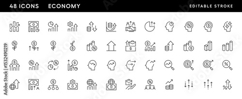 Economy icon set. Financial growth, business, economy, statistics, summary, growing, investment, progress, earnings and more. Editable stroke. Pixel Perfect. Grid base 32 x 32.