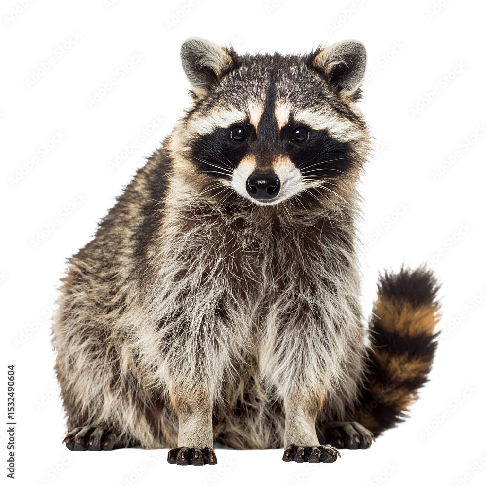 Fluffy raccoon with distinctive facial markings sitting alertly portrayed with clear details on transparent background Fluffy raccoon with distinctive facial markings sitting alertly portrayed with clear details on transparent background
