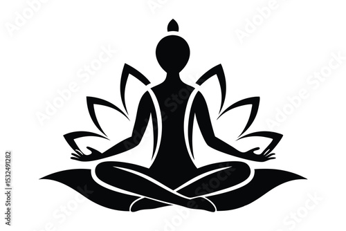 Stylized Silhouette of a Person in Lotus Position Surrounded by Lotus Flower Petals