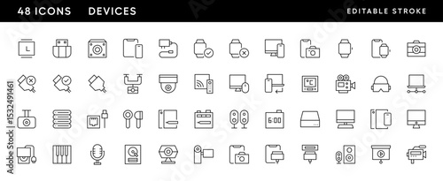 Electronic icon collection. Devices icon set. Accessories, gadget, watch, adapter, remote, tablet, camera, smart watch, drone and more. Editable stroke. Pixel Perfect. Grid base 32 x 32.