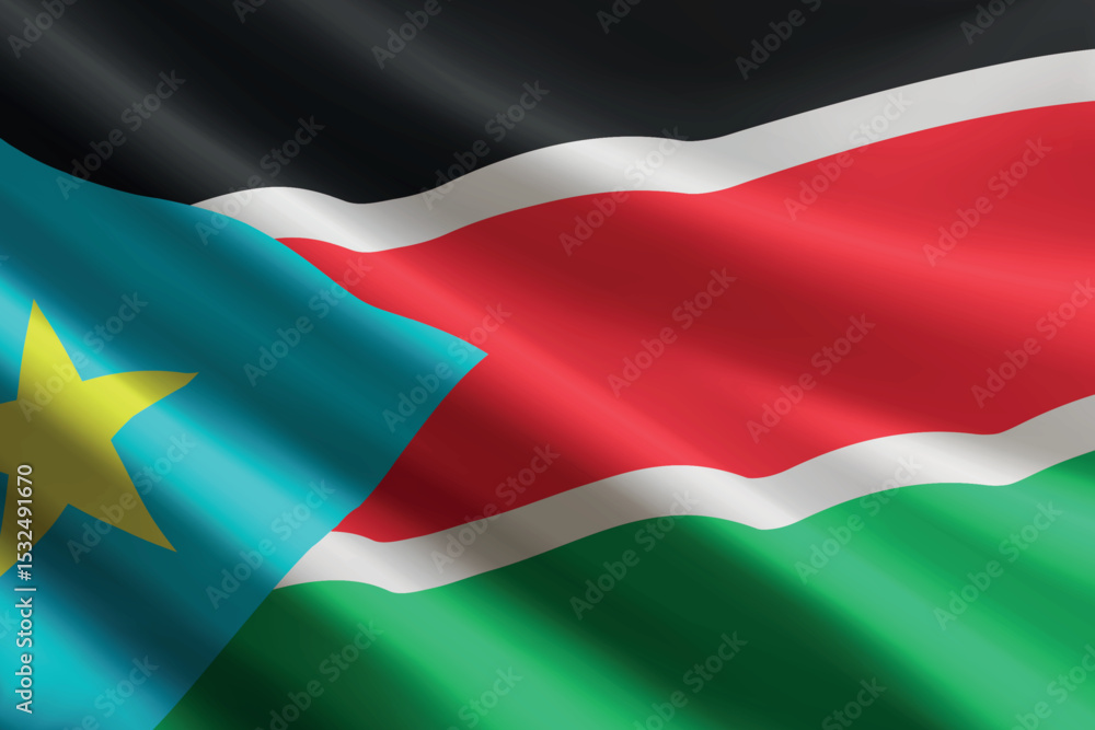 Obraz premium South Sudan flag waving in the wind, detailed silk texture
