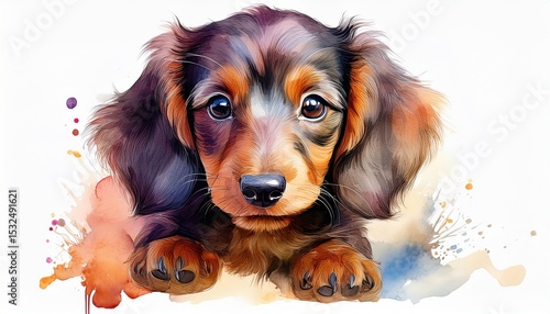 watercolor long haired dachshund puppy dog isolated on white background