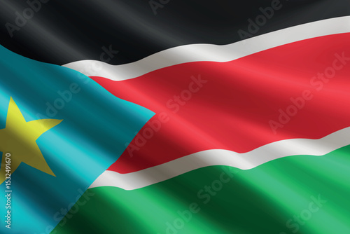 South Sudan flag waving in the wind, detailed silk texture