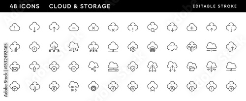 Cloud icon collection. Storage icon set. Information technology, server, cloud computing, web server, hosting, data center and more. Editable stroke. Pixel Perfect. Grid base 32 x 32.