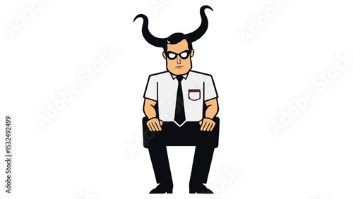 simple worker with horns sitting clothed in suit, person in suit and black tie sitting with horns vector illustration