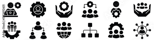 human resource organization management with gear setting icon set teamwork structure hierarchy leadership diagram employee network symbol vector collection illustration for web and app. vector stock. 