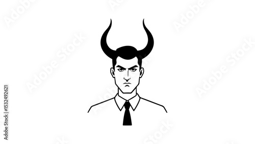 young man in suit with horns, black and white shape of a person in suit and with horns on the head, businessman shape with horns on the head
