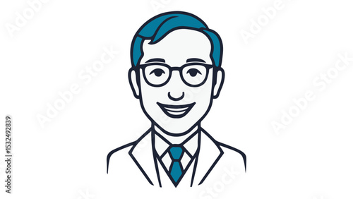 businessman person in suit and glasses smiling, person in suit glasses and with blue tie and hair smiling simple vector illustration