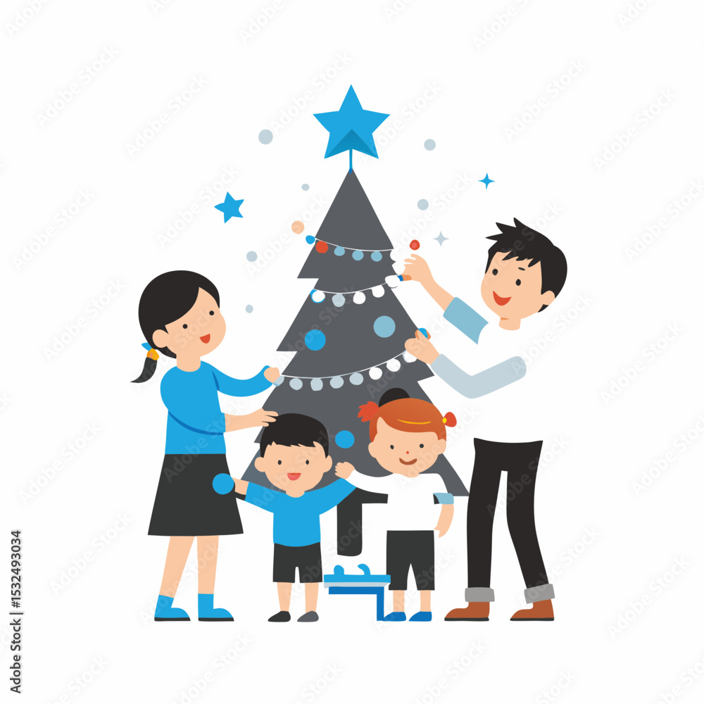 Fototapeta premium Colorful illustration of a family decorating a Christmas tree together, creating a festive holiday atmosphere 