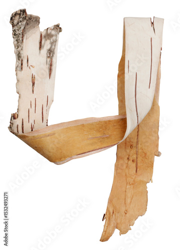 The number 4 made from birch bark. Natural forest typography.