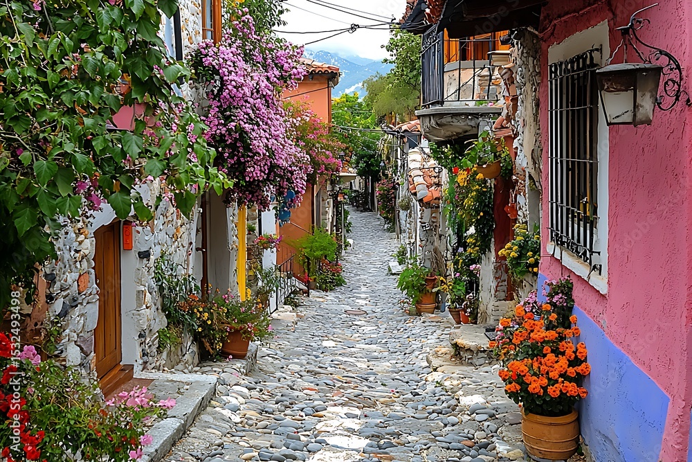 Naklejka premium Charming cobblestone street with colorful houses and vibrant flowers with European village.