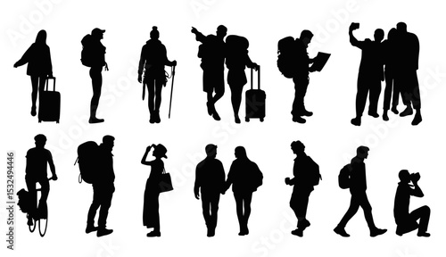 Set of tourist and traveler silhouettes with backpacks, maps, bicycles, suitcases, and cameras. Vector illustration for travel, vacation, hiking, adventure, and tourism design concepts