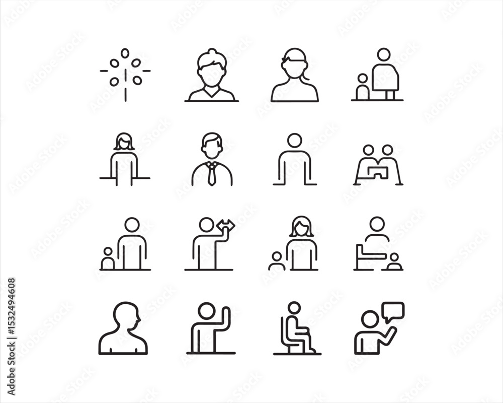 People icons such as representing different human figures and social interactions , a figure holding People icons such as representing different human figures and social interactions , a figure holding