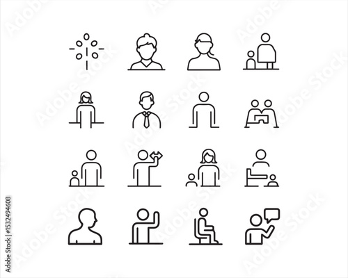  People icons such as representing different human figures and social interactions , a figure holding "a speech bubble, a figure waving, a figure sitting.