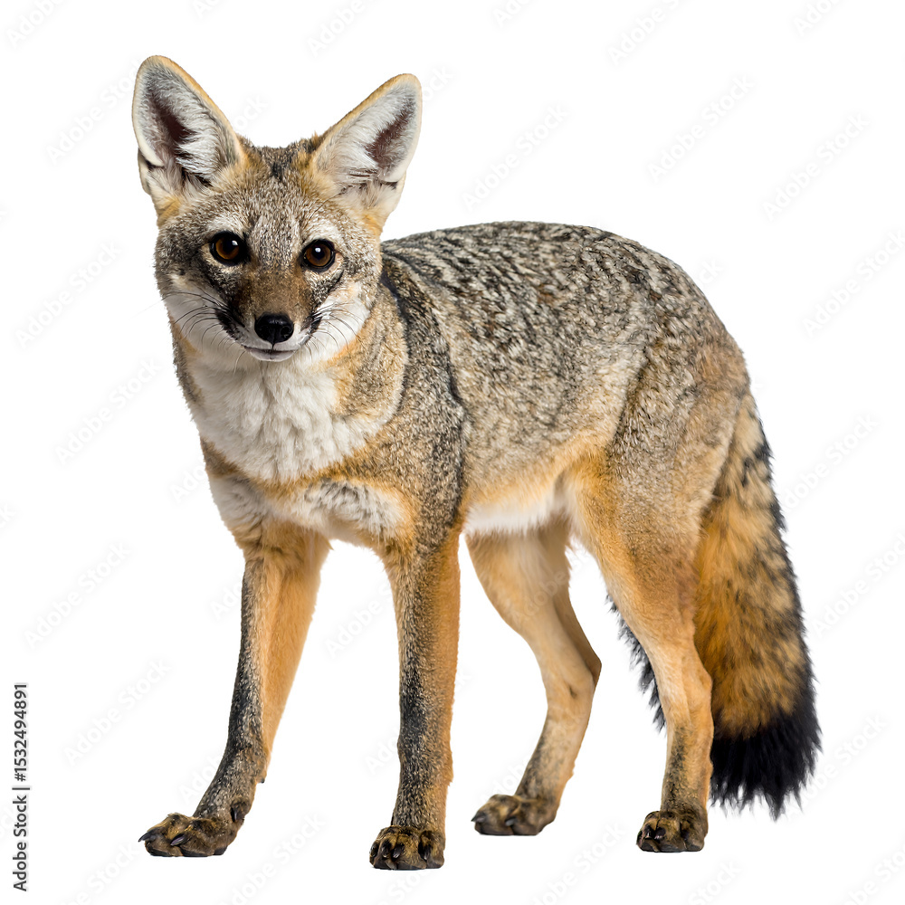 Isolated island fox gazing intently, showcasing its unique markings on transparent background Isolated island fox gazing intently, showcasing its unique markings on transparent background