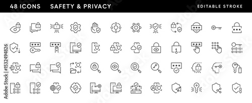 Safety icon collection. Privacy icon set. Shield, privacy, password, user access, access control, cyber security and more. Editable stroke. Pixel Perfect. Grid base 32 x 32.