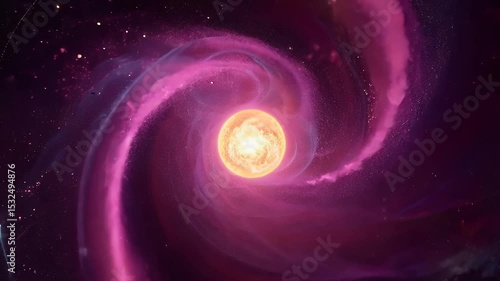 glowing yellow star radiates from the center of a swirling purple and pink space nebula