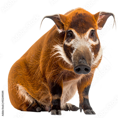 Majestic red river hog portrait displaying vibrant coat colors and curious expression on transparent background