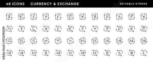 Currency and exchange icon collection. Money exchange, dollar, euro, yuan, pound, sterling and more. Editable stroke. Pixel Perfect. Grid base 32 x 32.