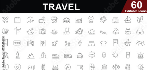 Travel & Tourism Line Icons Set - Vacation, Destination, Transport & Holiday Symbols