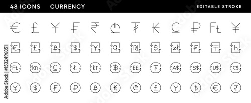 Currency icon collection. Money exchange, dollar, euro, yuan, pound sterling and more. Editable stroke. Pixel Perfect. Grid base 32 x 32.
