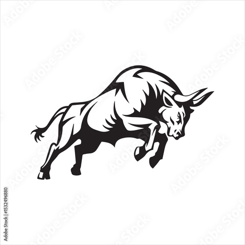Raging bull silhouette vector. Powerful charging animal icon for sport mascot, financial logo, or strength symbol. Black graphic isolated on white