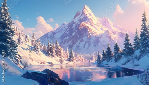 Snowy mountain landscape with a frozen river.