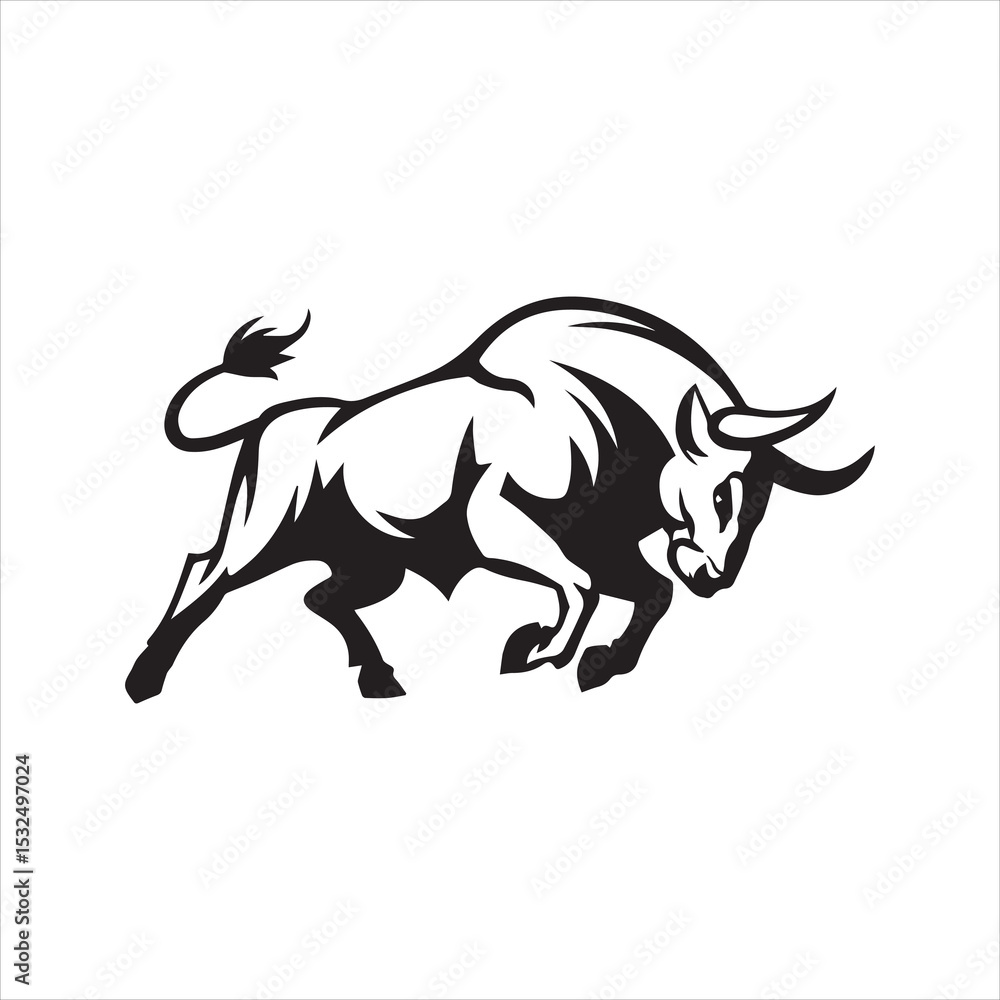 Fototapeta premium Raging bull silhouette vector. Powerful charging animal icon for sport mascot, financial logo, or strength symbol. Black graphic isolated on white