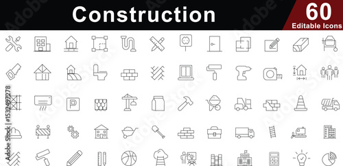 Construction Line Icons Set - Building, Renovation, Engineering & Tools Symbols