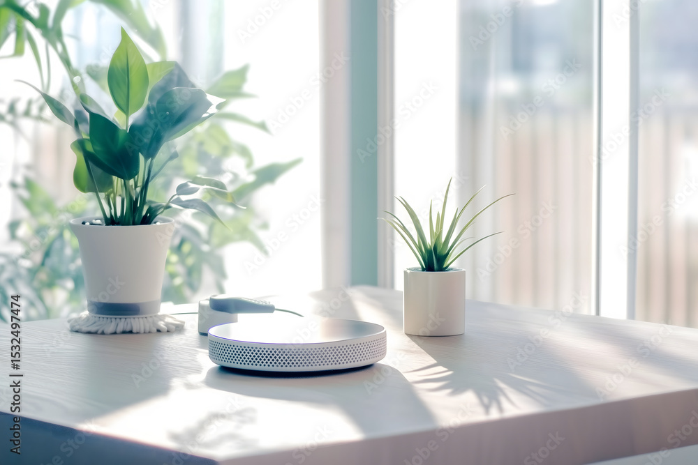 Minimalist Smart Home Interior with Green Plants and Modern Voice Assistant on Wooden Table in Sunlight Minimalist Smart Home Interior with Green Plants and Modern Voice Assistant on Wooden Table in Sunlight