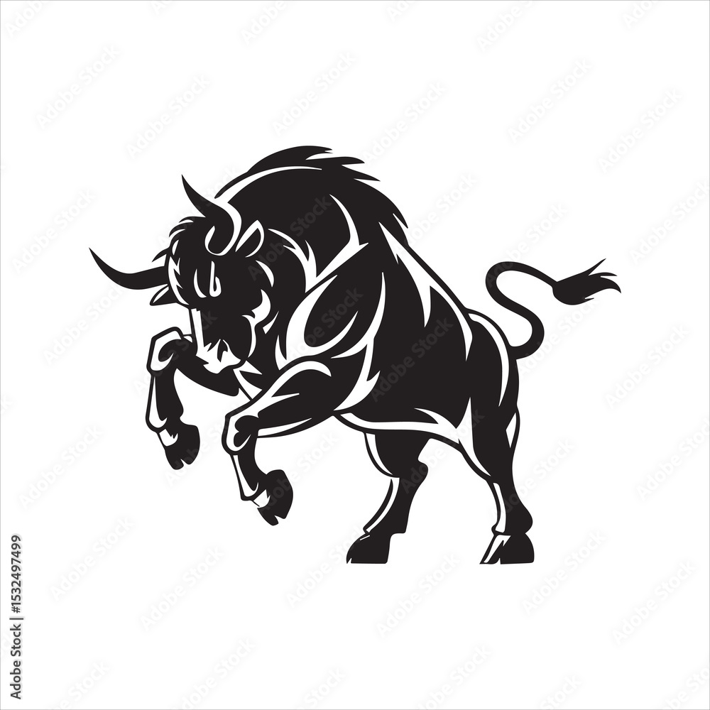 Fototapeta premium Raging bull silhouette vector. Powerful charging animal icon for sport mascot, financial logo, or strength symbol. Black graphic isolated on white