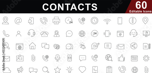 Contacts & Communication Line Icons Set - Support, Information & Global Connection Symbols