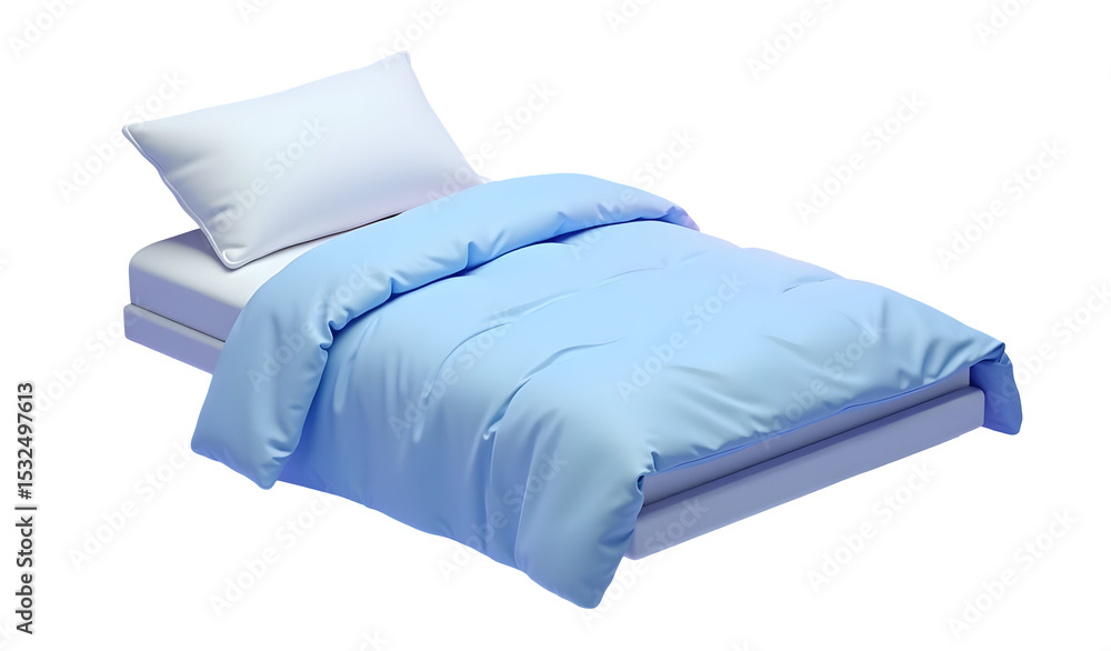 Obraz premium Clean made bed with blue comforter and white pillow ready for peaceful sleep