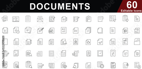 Documents Line Icons Set - File, Report, Paperwork & Office Symbols