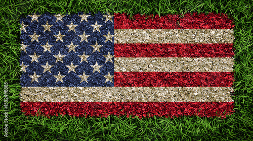 US flag made of flowers on green grass