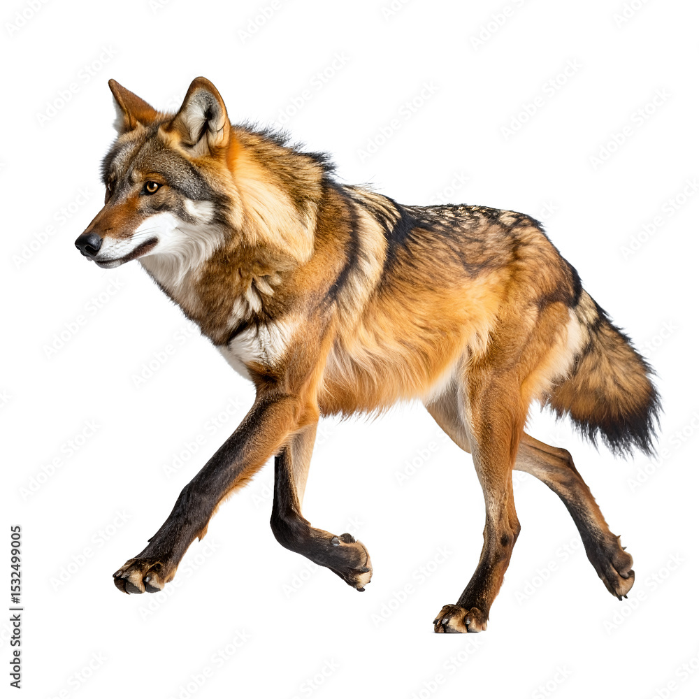 Fototapeta premium Captivating full body portrait of a red wolf in motion isolated on transparent background