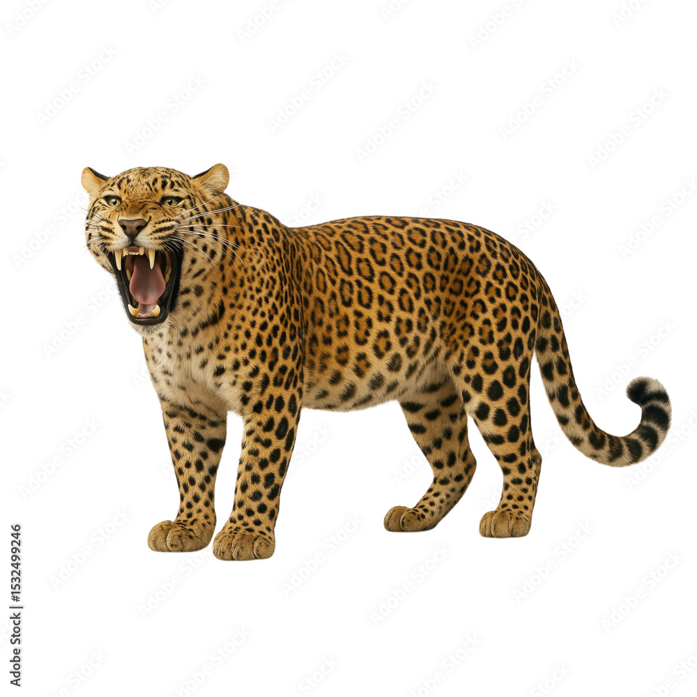 Fototapeta premium A powerful leopard stands with its mouth open, showcasing its sharp teeth and fierce expression. This majestic big cat with its distinctive spotted coat embodies raw power and wild nature.