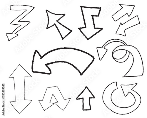 A collection of hand-drawn arrows in various directions, styles, and shapes. These arrows are outlined in black and display a variety of movements such as turning, zigzagging, and circular forms