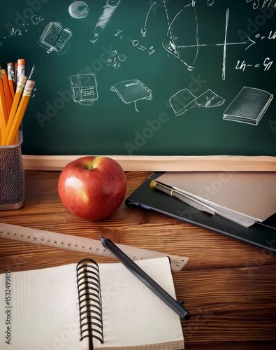 Back to School Essentials: A crisp, clean image of a wooden desk, showcasing a red apple, spiral notebook, pen, ruler, tablet.