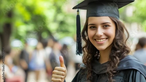 Young Woman Celebrating Graduation in Cap and Gown with Friends in Background in Outdoor Setting