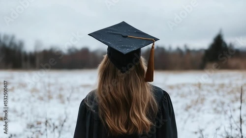 Young Woman in Graduation Cap Standing in Snowy Field with Trees in Background on Overcast Day