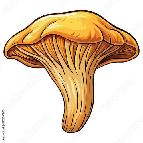 Highly detailed vector illustration of golden chanterelle mushroom (Cantharellus cibarius). Realistic edible wild fungus with textured cap and gills, isolated on white. Autumn forest botanical artwork