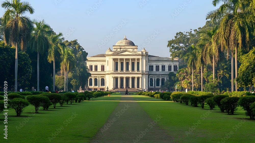 Fototapeta premium Distant view of the Indian Museum in Kolkata with lush gardens