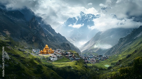 Panoramic shot of Badrinath Temple surrounded by Himalayas