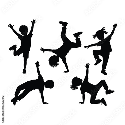  Silhouettes of children performing dynamic dance and breakdance moves on white background
